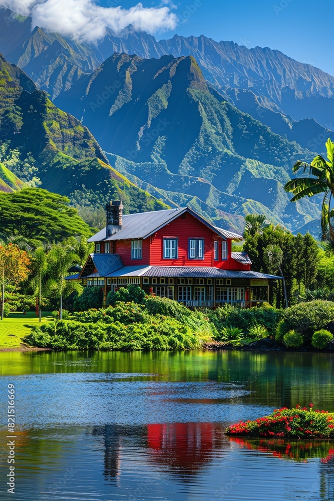 Red house by lake, mountains in background, lush green landscape, clear sunny day
