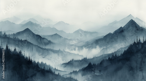 black and white abstract painting of a mountain chain riddled with trees, in a deep fog photo