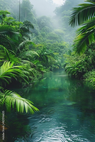 Lush green river through dense rainforest  serene atmosphere  overcast sky