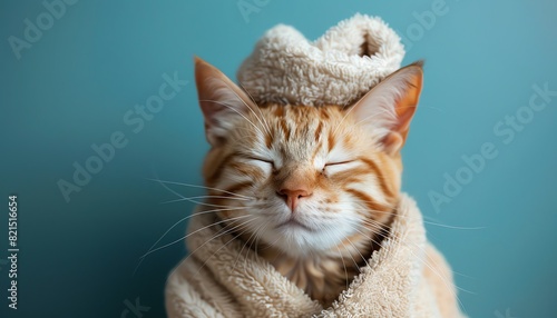 Orange cat in a spa robe with a towel on its head, eyes closed, blue background photo