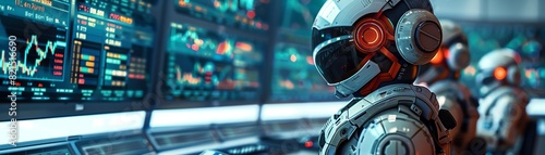 Robots at trading desks  multiple screens  stock market data  futuristic tech setting
