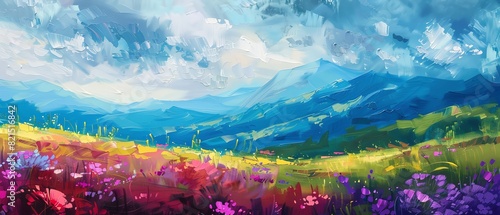 Colorful landscape painting with vibrant flowers, rolling hills, and dramatic sky evoking a peaceful, serene countryside scene.