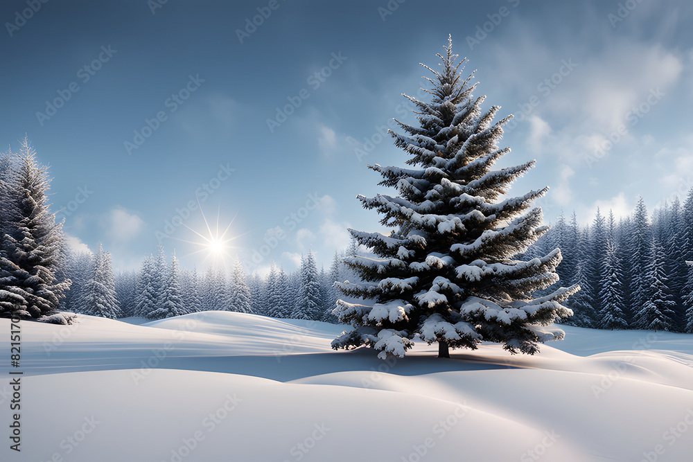Fototapeta premium A beautiful dreamy winter scene with a snow-covered house nestled amongst snowy evergreens