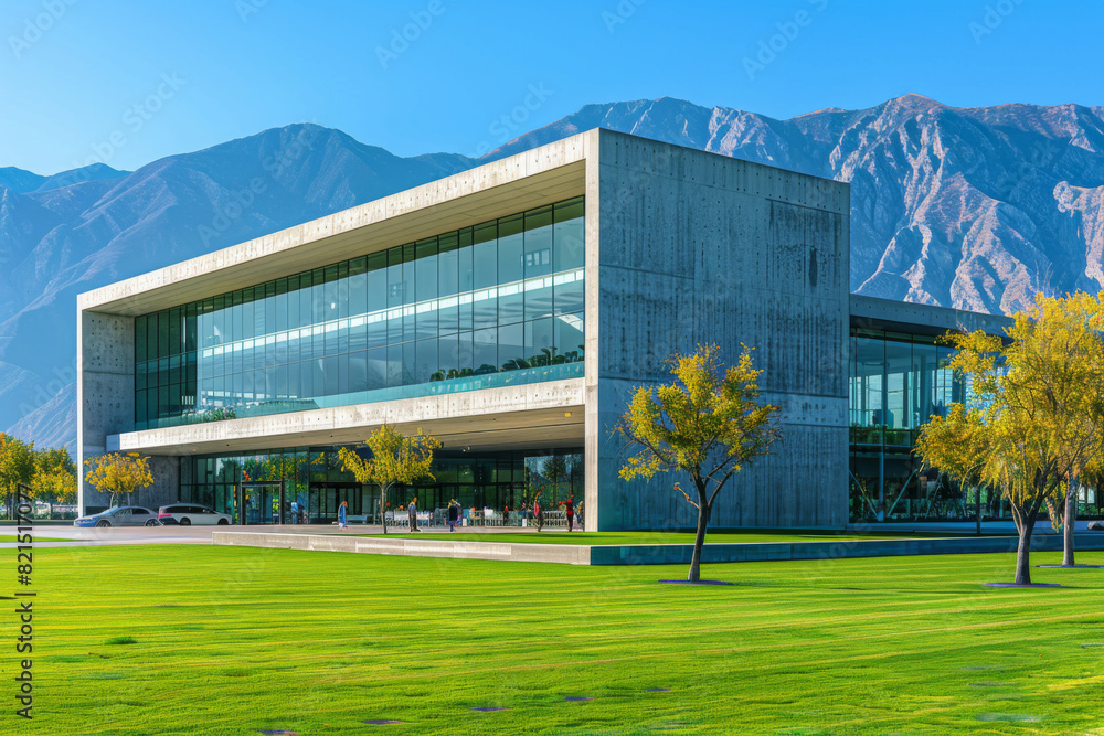 Fototapeta premium Modern Building on a blue sky backdrop.Modern concrete architecture. 