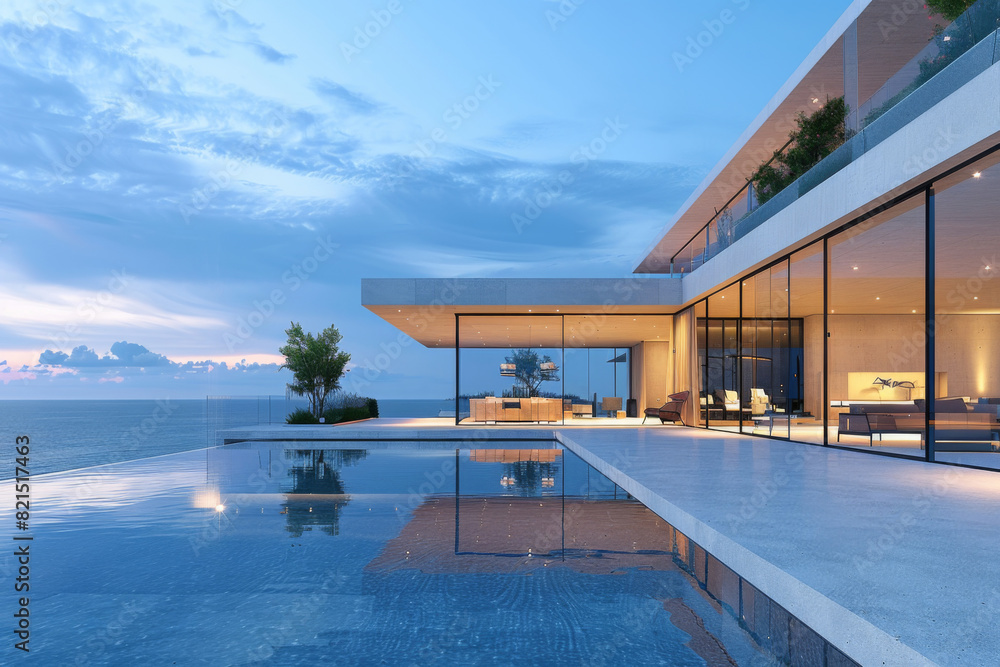 Fototapeta premium Luxury Island Villa With Infinity Pool At Sunset. 