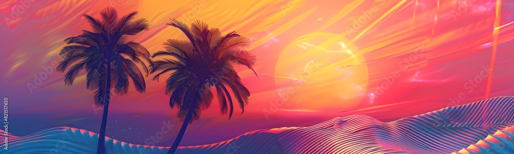 Fototapeta premium Background with sunset sky and palm trees, tropical resort