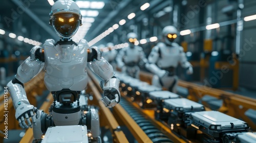 A factory with AIdriven robots assembling products on a production line,