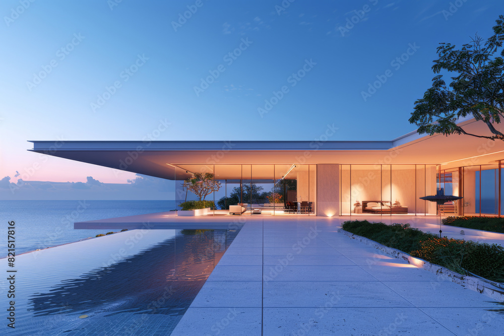 Fototapeta premium Luxury Island Villa With Infinity Pool At Sunset. 