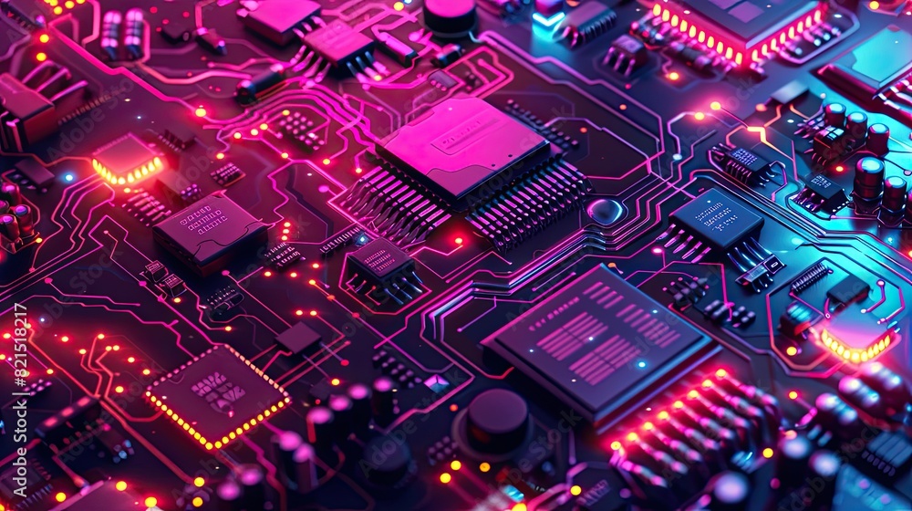 computer circuit board with chips and transistors, neon style. computer circuit board with chips and transistors, neon style.