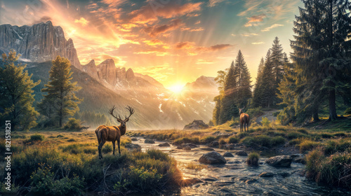 Scenic Mountain Landscape with Deer at Sunrise
