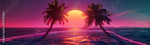 Background with sunset sky and palm trees, tropical resort