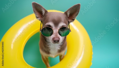 brown short hair chihuahua dog wearing sunglasses standing in yellow swimming ring © Arber