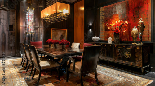 Gothic Art of Dining room with upholstered chairs and a sideboard,Tribal and ethnic art