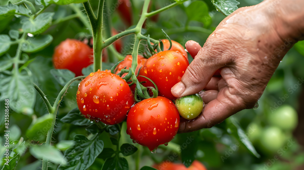 A real photo of bright, juicy tomatoes soaked with water droplets on an organic farm tomato plant, with a farmer's hand picking produce. Perfect for advertising fresh produce or organic farming.