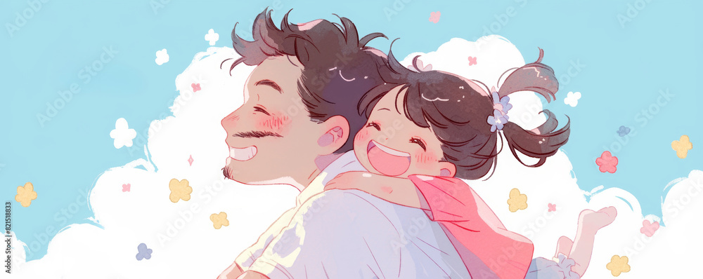 Happy daughter hugging father and smiling. Father and his kid together. Happy family. Global Day of Parents concept. Watercolor illustration for greeting card, banner or poster for Happy Parents day Happy daughter hugging father and smiling. Father and his kid together. Happy family. Global Day of Parents concept. Watercolor illustration for greeting card, banner or poster for Happy Parents day