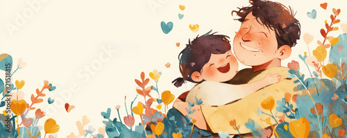 Happy father hugging daughter and smiling. Father and his kid together. Happy family. Global Day of Parents concept. Watercolor illustration for greeting card, banner or poster for Happy Parents day photo