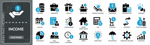 Income icon set. Set of Income, earning, revenue, money flat icons EPS10- Stock Vector