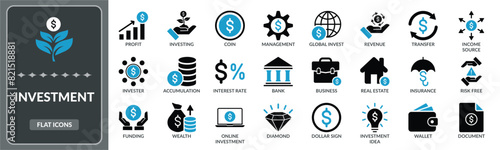 Investment icon set. Set of Investment, finance, business revenue flat icons EPS10- Stock Vector