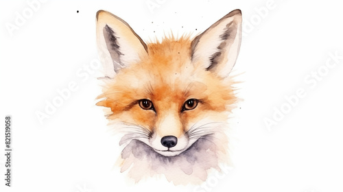 water color illustration of a fox face front view on white background