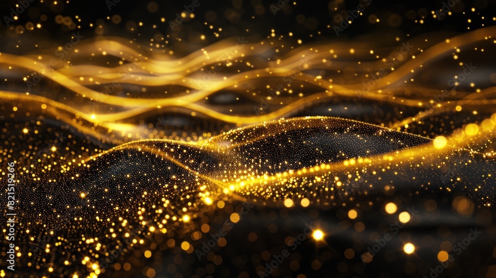 Fototapeta premium Digital gold gradient background with wave of glowing particles dots.