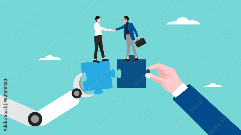 license agreement with artificial intelligence agency, artificial intelligence contract, businessman shaking hands with AI agency over puzzle to make project deal license agreement with artificial intelligence agency, artificial intelligence contract, businessman shaking hands with AI agency over puzzle to make project deal