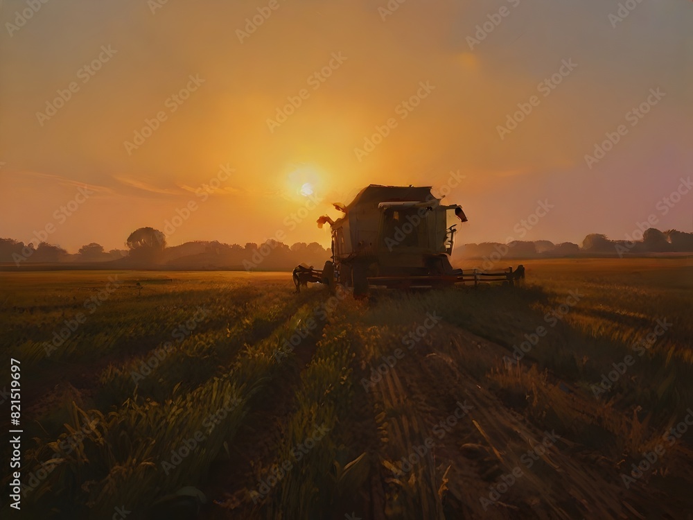 Fototapeta premium a tractor is driving through a field at sunset.
