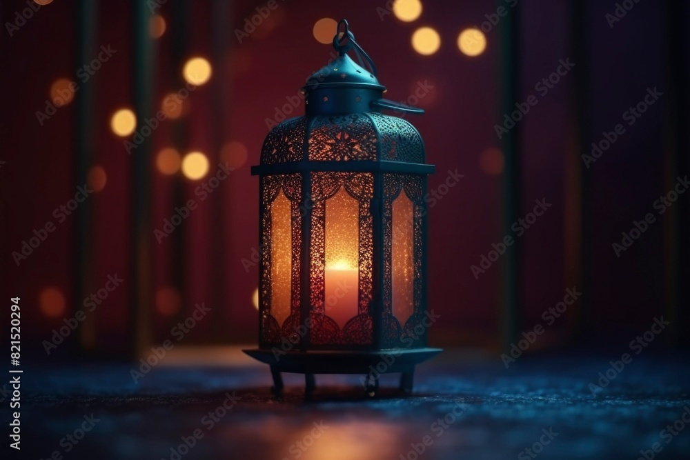 Feast of sacrifice, one of the two main Muslim holidays Eid al-Adha, religious traditional light culture arabic musulman spirituality, banner copy space background lamp.