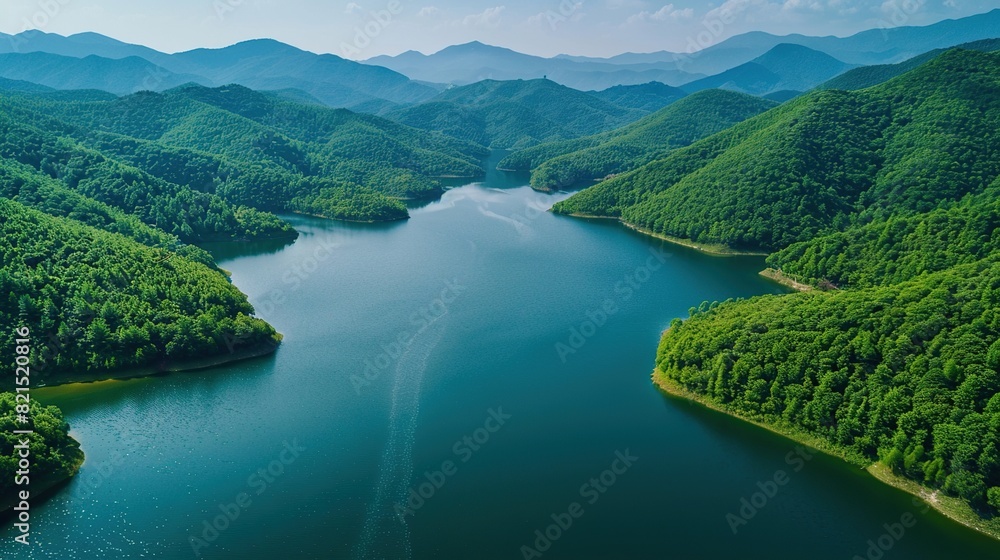 beautiful lake surrounded by trees and mountains. The water is calm and clear.