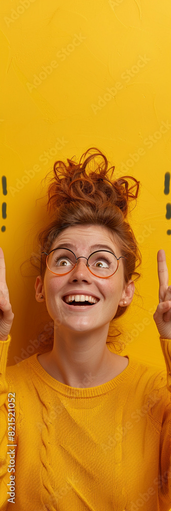 Extremely happy person looking up and pointing, joy, yellow backgrund Extremely happy person looking up and pointing, joy, yellow backgrund