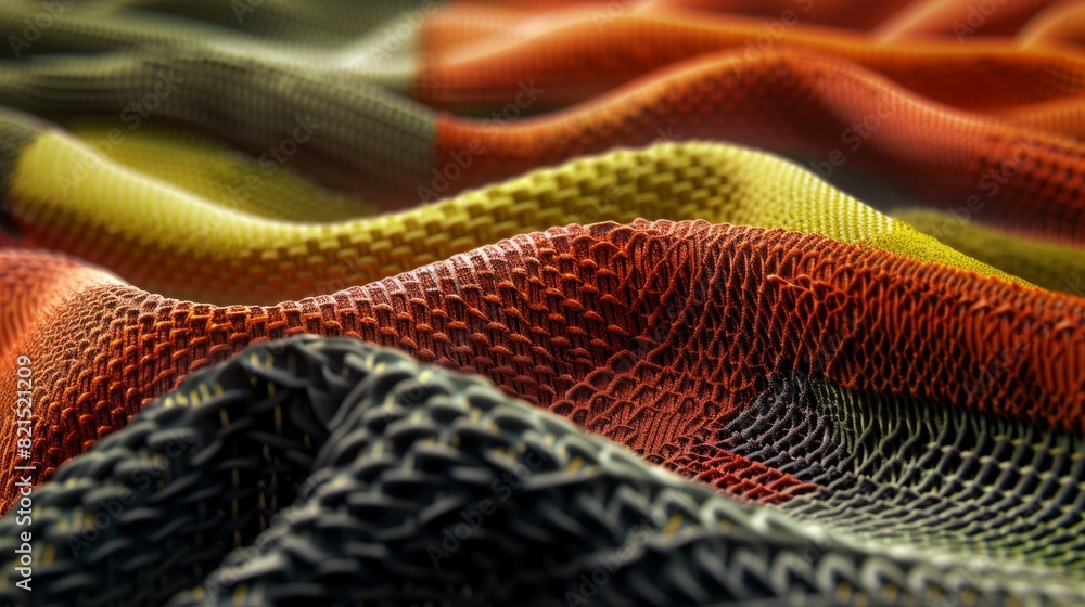 A colorful piece of fabric with a pattern of squares and triangles A colorful piece of fabric with a pattern of squares and triangles