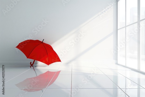 An open red umbrella lies on the floor in a bright room