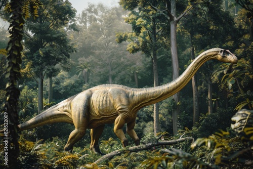 Brachiosaurus feeding in a Jurassic landscape generated by AI.. Created with Generative AI.