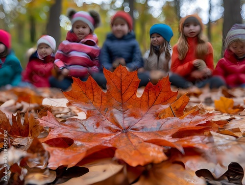 A group of children are sitting on the ground in front of a leaf. The leaf is large and has a unique shape. The children are wearing hats and jackets, and they seem to be enjoying the outdoors photo