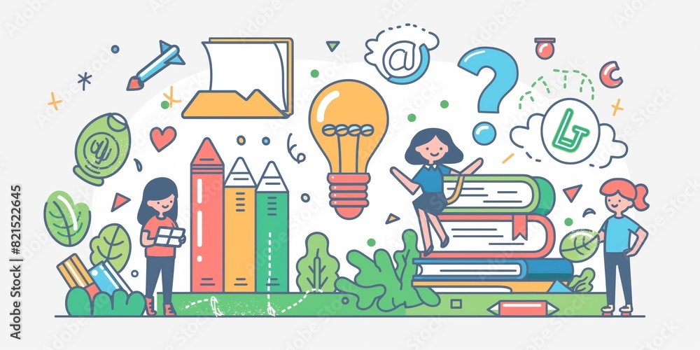 A cartoon drawing of three girls sitting on a stack of books with a light bulb i generated by AI A cartoon drawing of three girls sitting on a stack of books with a light bulb i generated by AI