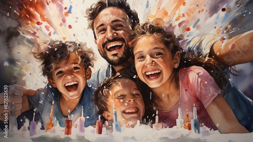 Carpincho family celebrating a birthday with a large cake, confetti falling around, and joyful expressions, Watercolor, Bright colors photo