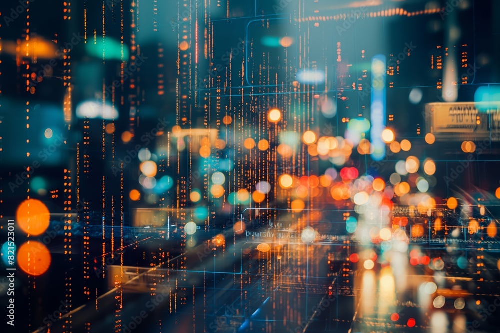 A cityscape with a lot of lights and a lot of numbers generated by AI A cityscape with a lot of lights and a lot of numbers generated by AI