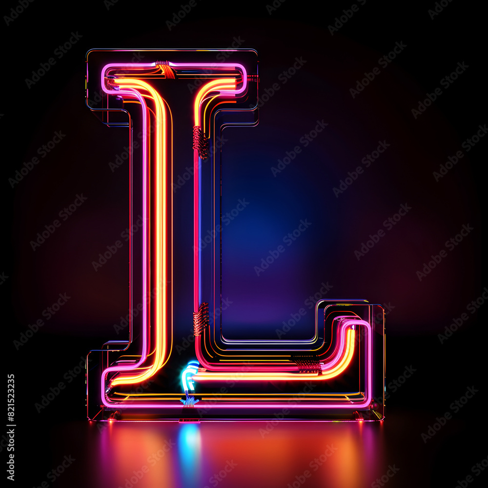 The letter L is lit up in neon colors. It is a glowing, eye-catching design that stands out against the dark background. The bright colors and unique shape of the letter create a sense of energy The letter L is lit up in neon colors. It is a glowing, eye-catching design that stands out against the dark background. The bright colors and unique shape of the letter create a sense of energy