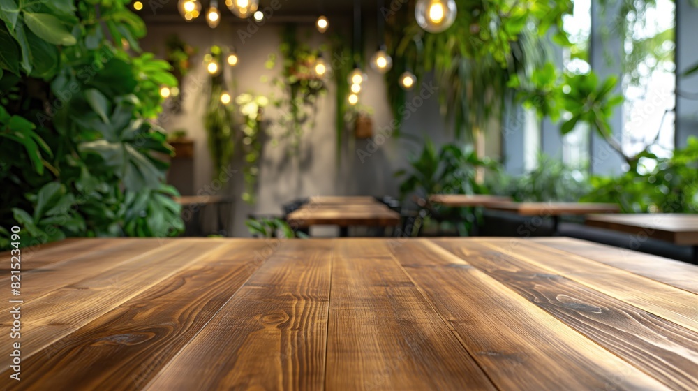 Wooden Table in Cozy Green Indoor Cafe Wooden Table in Cozy Green Indoor Cafe