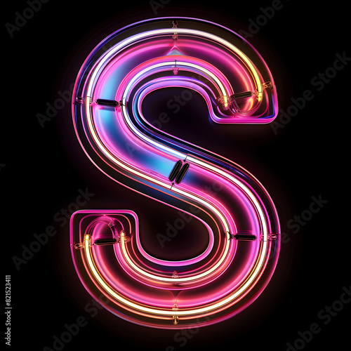 The neon letter S is glowing in a neon color. The letter is surrounded by a black background