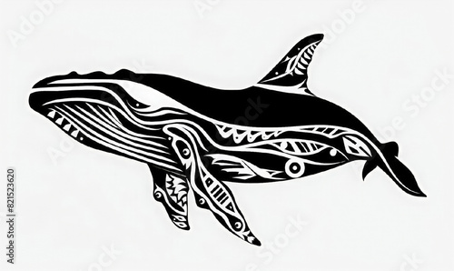 Black silhouette whale with graphic pattern. Marine-themed tattoo design. Print for clothes. stylized shape silhouette keith logo. Marine animals, the underwater world. World ocean day. photo