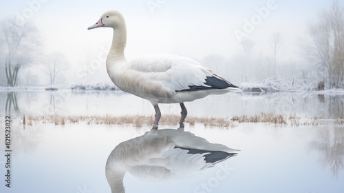 Double Exposure, White Background, Snow goose by a pond illustration ~ Created using Generative AI