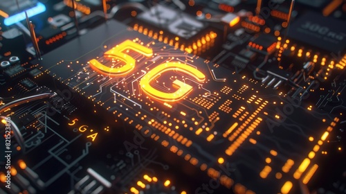 3D rendering of the text "5G" glowing neon on black background with circuit board and data transfer concept, all in yellow orange gradient color with copy space for your design, +