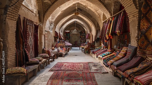 A historic Silk Road caravanserai where travelers rest and trade goods, photo