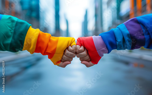 Fist Bump with Rainbow Sleeves in Urban Setting LGBTQ pride photo
