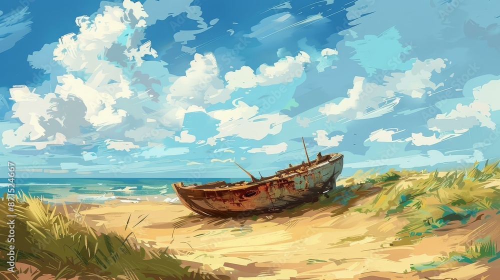 Ancient shipwreck surfaces on a serene beach, unveiling hidden history.