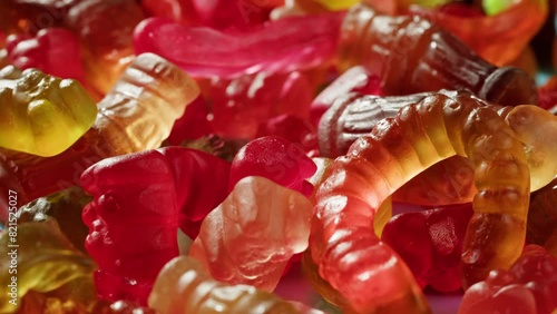 Jelly marmalade cola bottle bear close up, Confiture Bean candy jujube Marmalade bears with cod cannabis close up.  photo