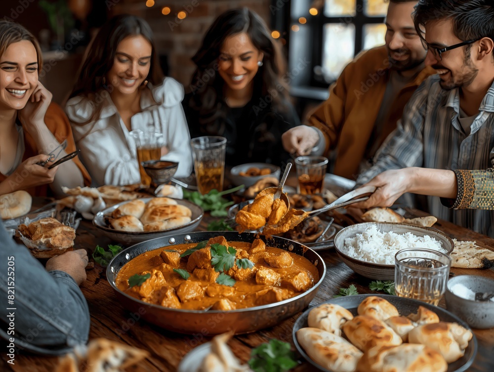 A group of people are sitting around a table with a variety of food, including rice, chicken, and vegetables. They are all smiling and enjoying their meal together