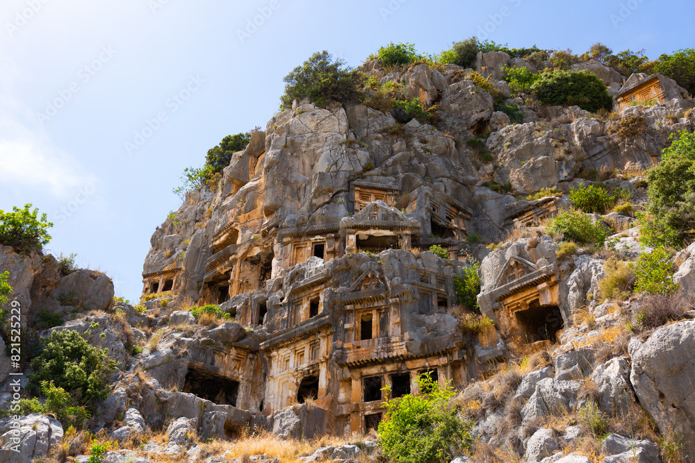 Ancient Lycian stone tombs carved into the rocks in the city of Myra and located on the outskirts of the Turkish city of Demre