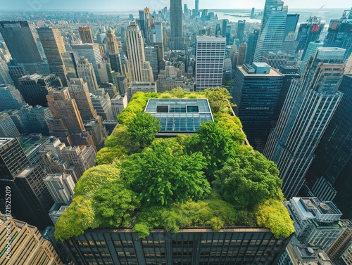 A cityscape with a green roof on top of a building. The roof is covered in trees and plants, giving the impression of a lush, natural environment in the midst of a bustling urban landscape photo