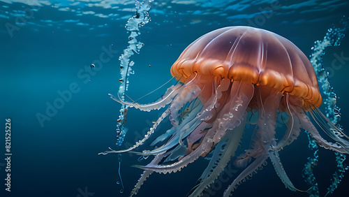 Jellyfish in the deep of ocean. Exotic colorful creature in underwater world. Generative AI. © mnjrstd